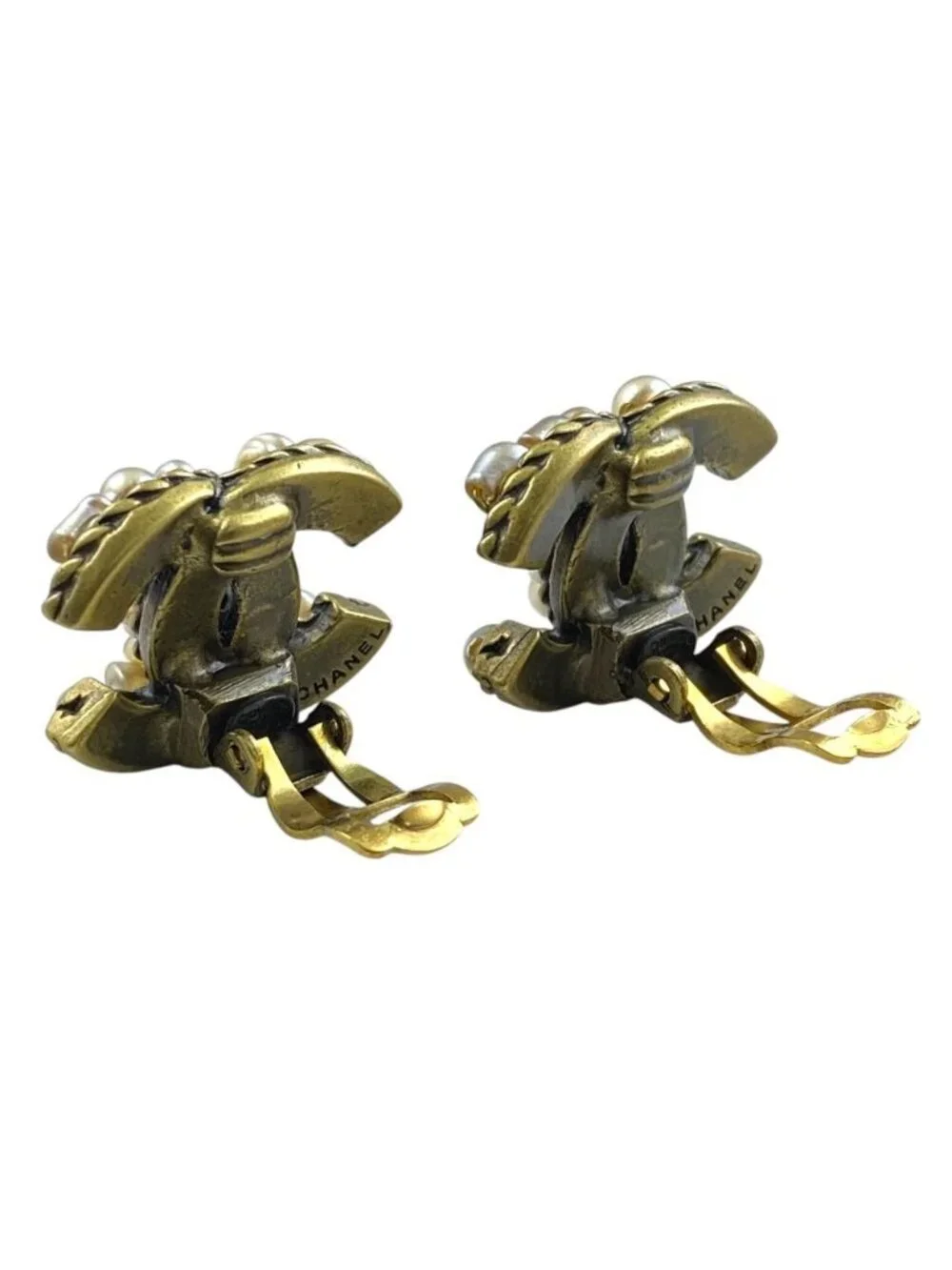 Chanel CC Logo Earrings Vintage Accessory Metal Faux Pearl Gold